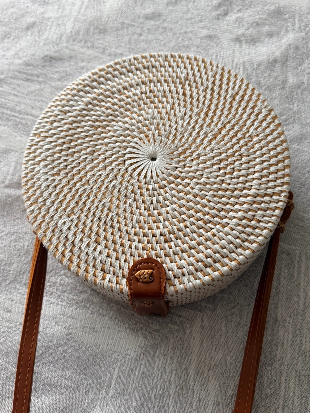 Woven Round Crossbody Bag with Brown Leather Trim - Picture 2 of 5